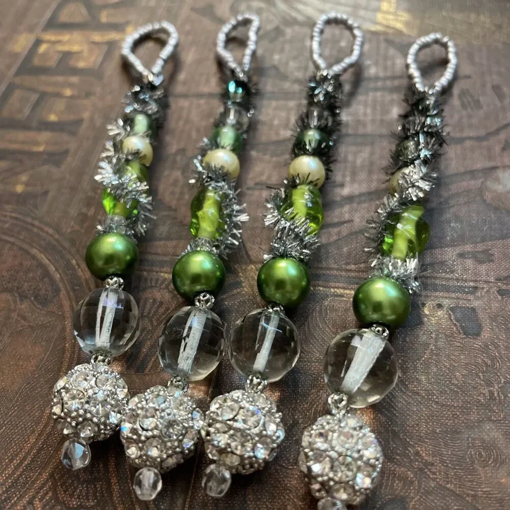 Green Beaded Christmas Ornaments 4 Pcs Victorian Style